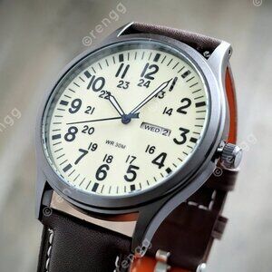Field watch glow dial quartz 42mm 22mm lug leather strap